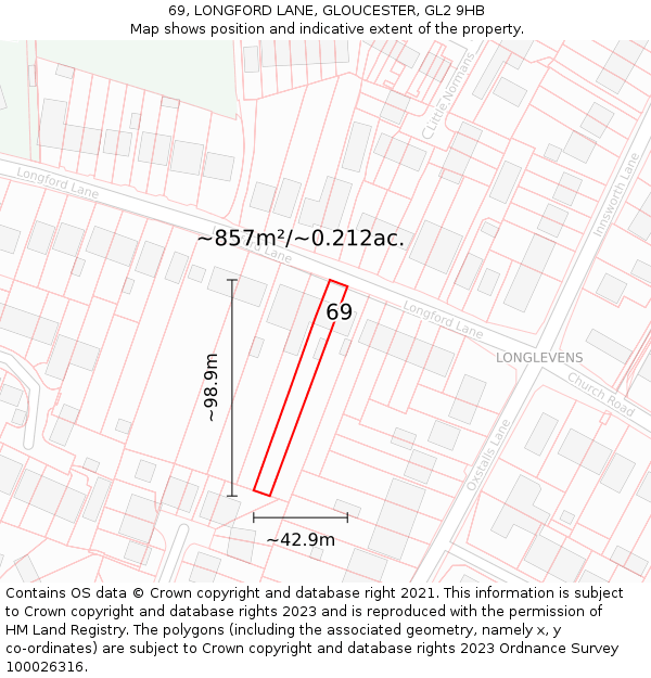 69, LONGFORD LANE, GLOUCESTER, GL2 9HB: Plot and title map