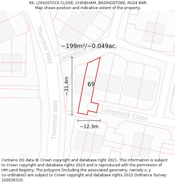 69, LONGSTOCK CLOSE, CHINEHAM, BASINGSTOKE, RG24 8WR: Plot and title map