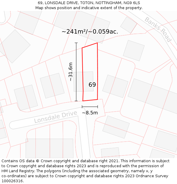 69, LONSDALE DRIVE, TOTON, NOTTINGHAM, NG9 6LS: Plot and title map