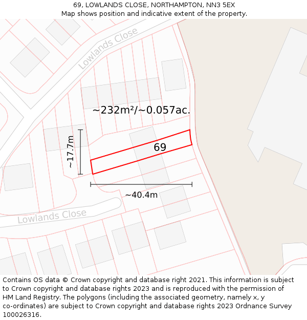 69, LOWLANDS CLOSE, NORTHAMPTON, NN3 5EX: Plot and title map