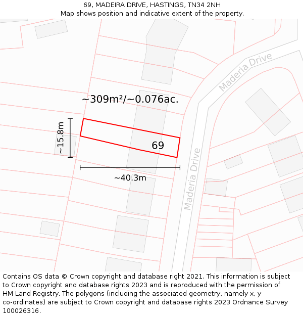 69, MADEIRA DRIVE, HASTINGS, TN34 2NH: Plot and title map