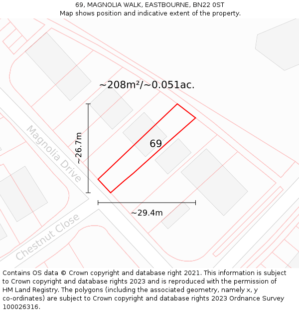 69, MAGNOLIA WALK, EASTBOURNE, BN22 0ST: Plot and title map