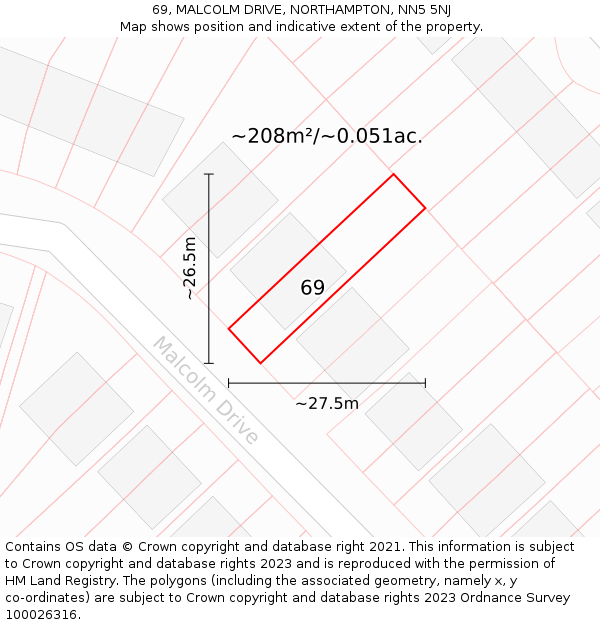 69, MALCOLM DRIVE, NORTHAMPTON, NN5 5NJ: Plot and title map