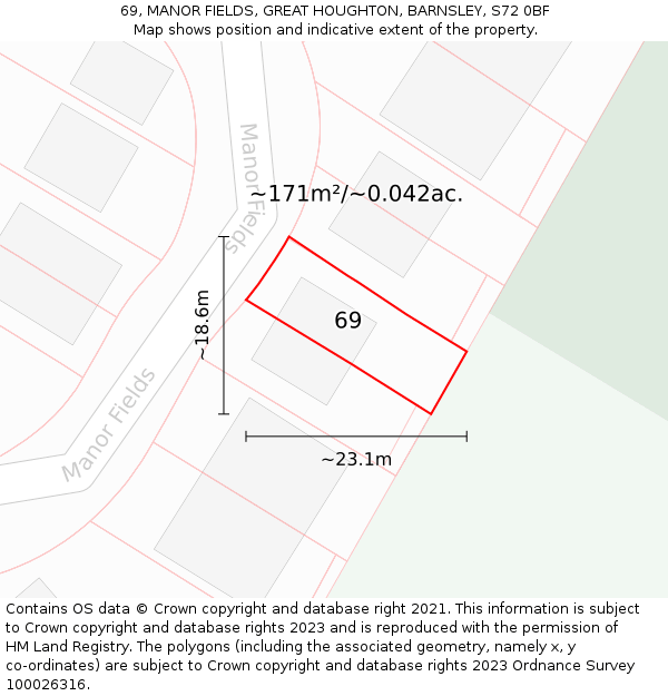 69, MANOR FIELDS, GREAT HOUGHTON, BARNSLEY, S72 0BF: Plot and title map