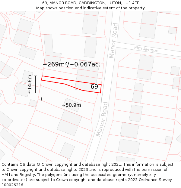 69, MANOR ROAD, CADDINGTON, LUTON, LU1 4EE: Plot and title map