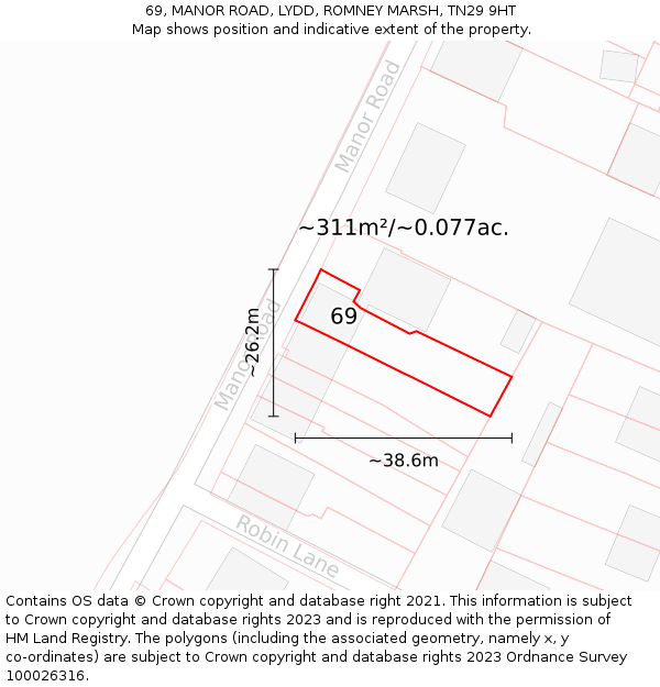 69, MANOR ROAD, LYDD, ROMNEY MARSH, TN29 9HT: Plot and title map