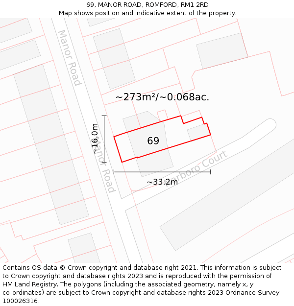 69, MANOR ROAD, ROMFORD, RM1 2RD: Plot and title map