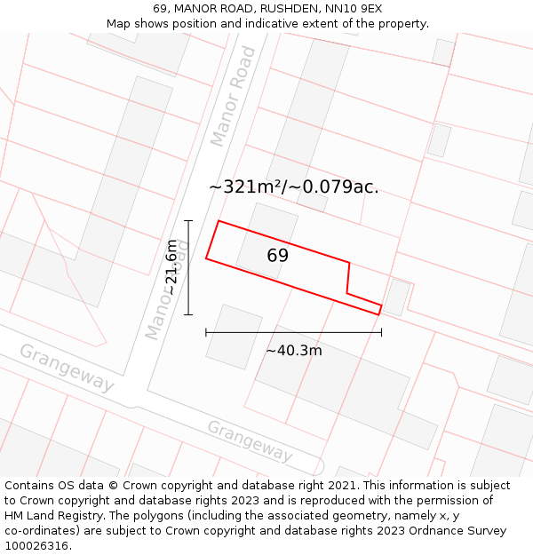 69, MANOR ROAD, RUSHDEN, NN10 9EX: Plot and title map