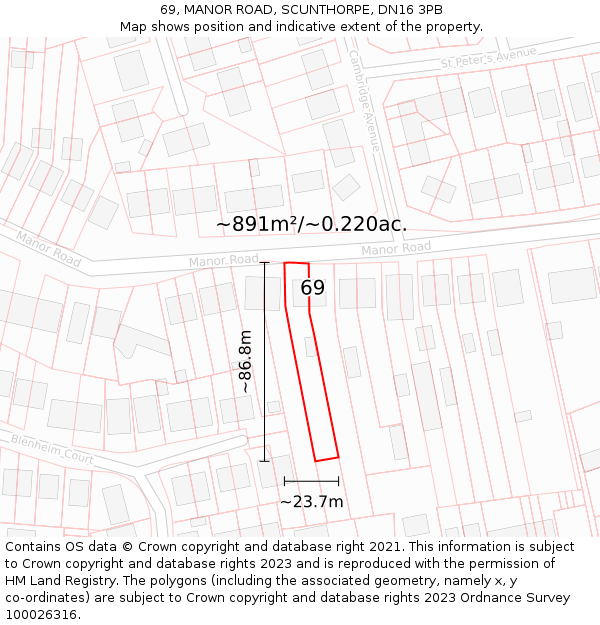 69, MANOR ROAD, SCUNTHORPE, DN16 3PB: Plot and title map