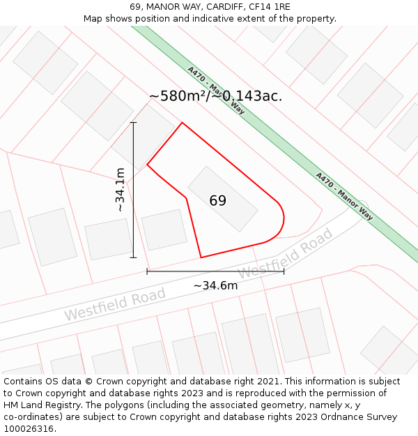 69, MANOR WAY, CARDIFF, CF14 1RE: Plot and title map
