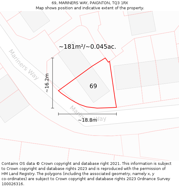 69, MARINERS WAY, PAIGNTON, TQ3 1RX: Plot and title map