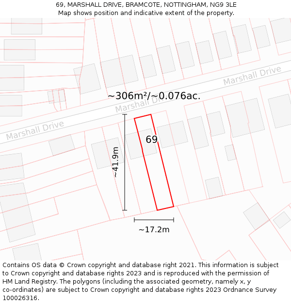 69, MARSHALL DRIVE, BRAMCOTE, NOTTINGHAM, NG9 3LE: Plot and title map