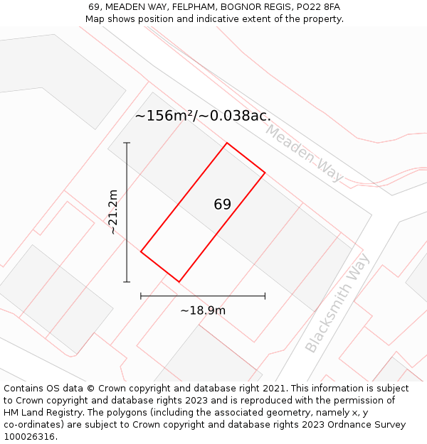 69, MEADEN WAY, FELPHAM, BOGNOR REGIS, PO22 8FA: Plot and title map