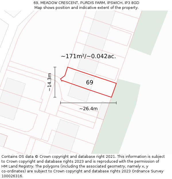 69, MEADOW CRESCENT, PURDIS FARM, IPSWICH, IP3 8GD: Plot and title map