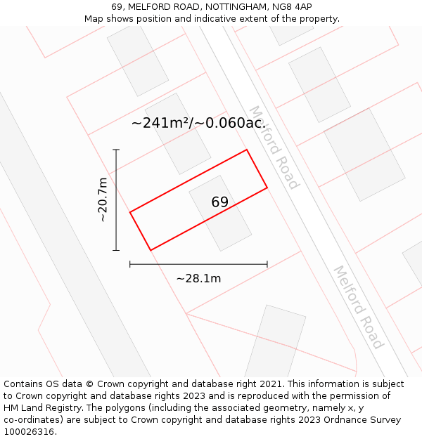 69, MELFORD ROAD, NOTTINGHAM, NG8 4AP: Plot and title map