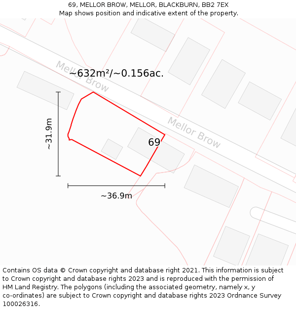 69, MELLOR BROW, MELLOR, BLACKBURN, BB2 7EX: Plot and title map