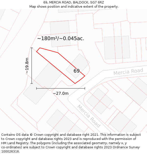 69, MERCIA ROAD, BALDOCK, SG7 6RZ: Plot and title map