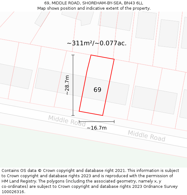 69, MIDDLE ROAD, SHOREHAM-BY-SEA, BN43 6LL: Plot and title map