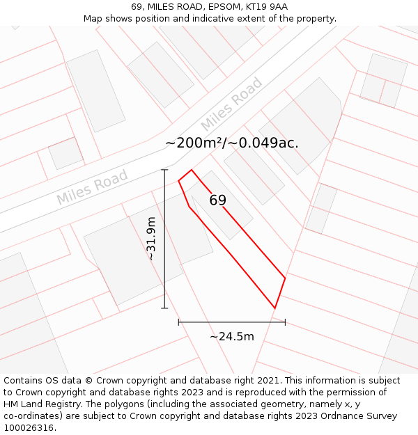 69, MILES ROAD, EPSOM, KT19 9AA: Plot and title map
