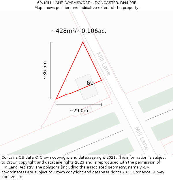 69, MILL LANE, WARMSWORTH, DONCASTER, DN4 9RR: Plot and title map