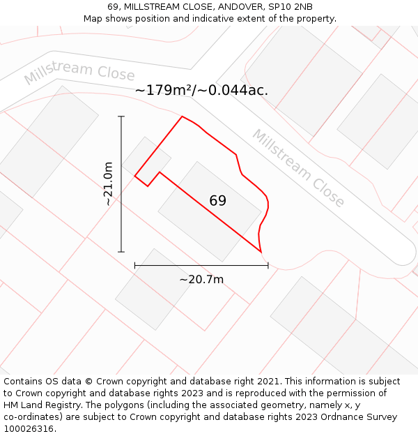 69, MILLSTREAM CLOSE, ANDOVER, SP10 2NB: Plot and title map