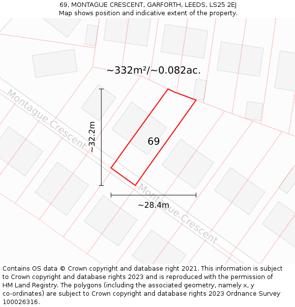 69, MONTAGUE CRESCENT, GARFORTH, LEEDS, LS25 2EJ: Plot and title map