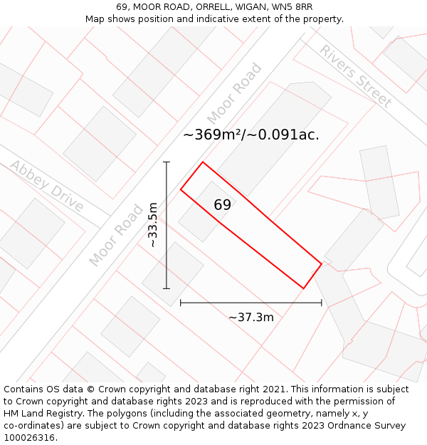 69, MOOR ROAD, ORRELL, WIGAN, WN5 8RR: Plot and title map