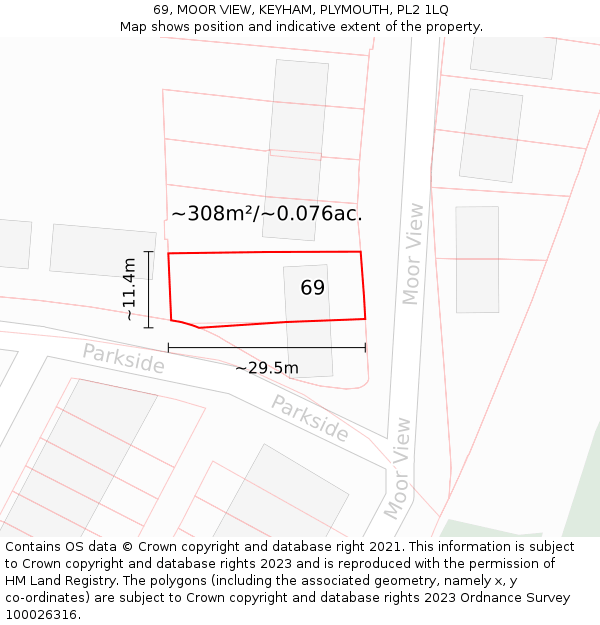 69, MOOR VIEW, KEYHAM, PLYMOUTH, PL2 1LQ: Plot and title map