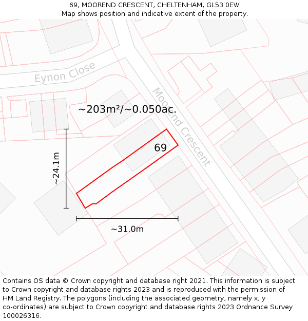 69, MOOREND CRESCENT, CHELTENHAM, GL53 0EW: Plot and title map
