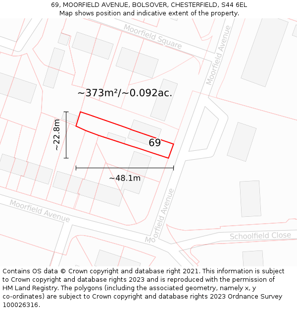 69, MOORFIELD AVENUE, BOLSOVER, CHESTERFIELD, S44 6EL: Plot and title map