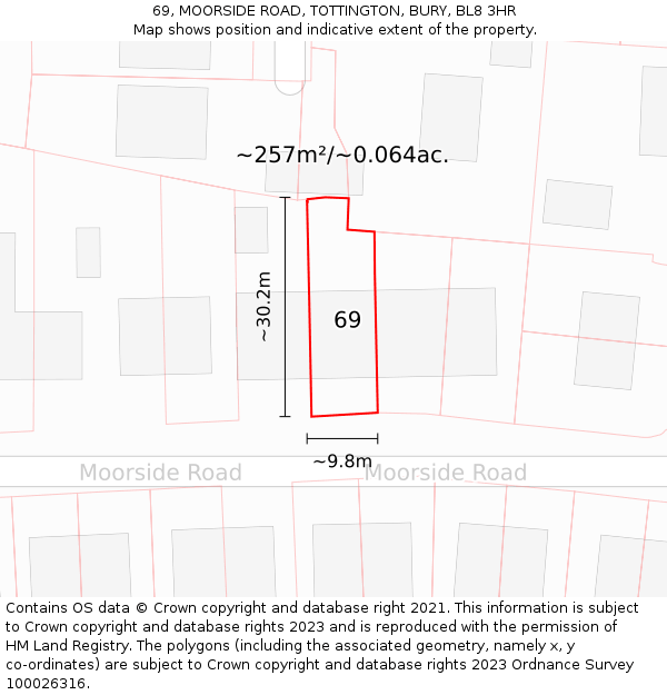 69, MOORSIDE ROAD, TOTTINGTON, BURY, BL8 3HR: Plot and title map