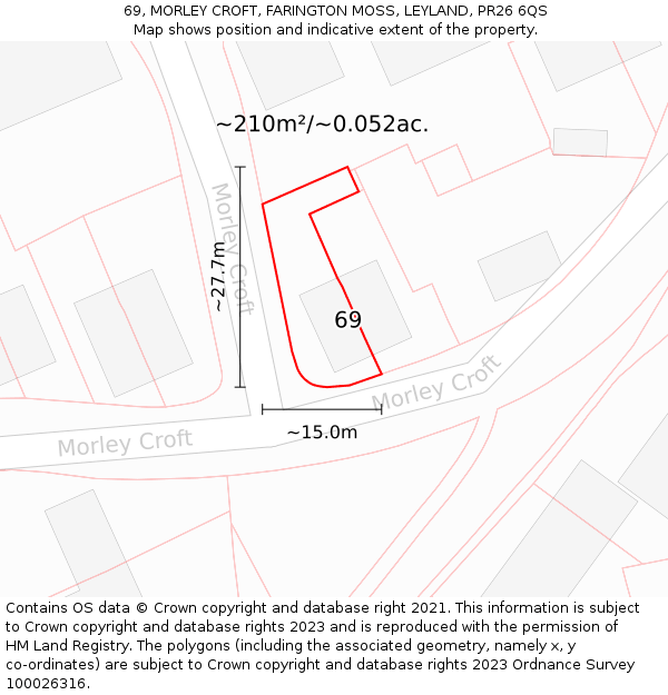 69, MORLEY CROFT, FARINGTON MOSS, LEYLAND, PR26 6QS: Plot and title map