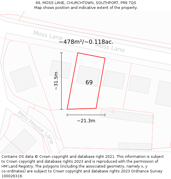 69, MOSS LANE, CHURCHTOWN, SOUTHPORT, PR9 7QS: Plot and title map