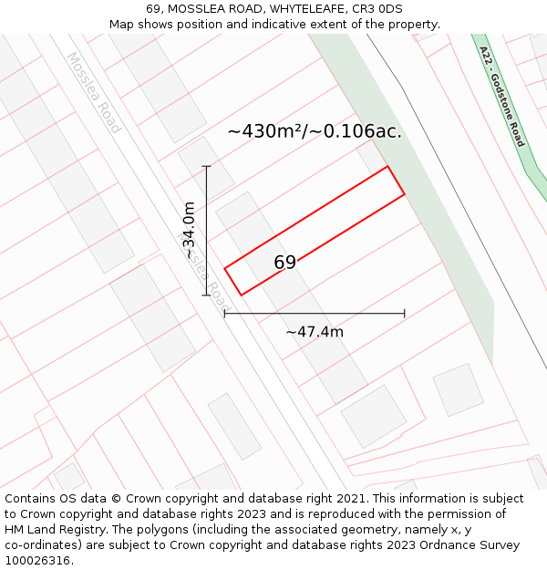 69, MOSSLEA ROAD, WHYTELEAFE, CR3 0DS: Plot and title map