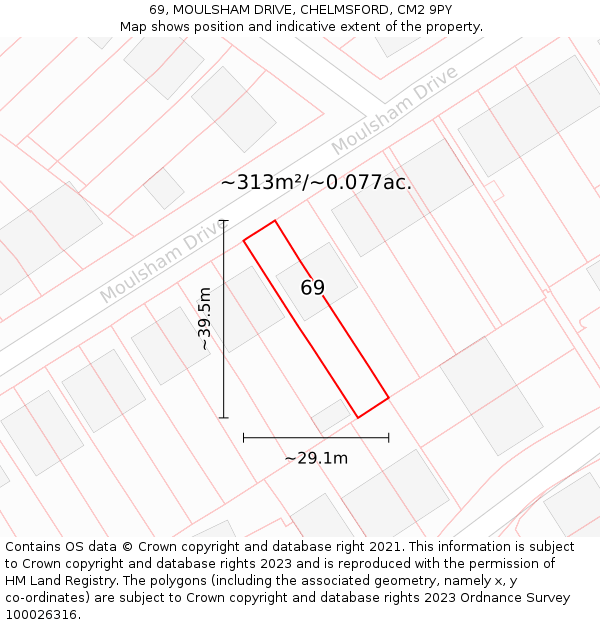 69, MOULSHAM DRIVE, CHELMSFORD, CM2 9PY: Plot and title map