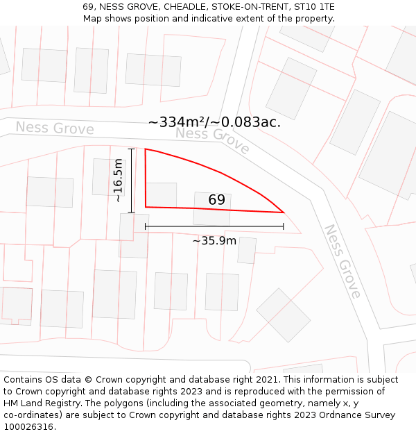 69, NESS GROVE, CHEADLE, STOKE-ON-TRENT, ST10 1TE: Plot and title map