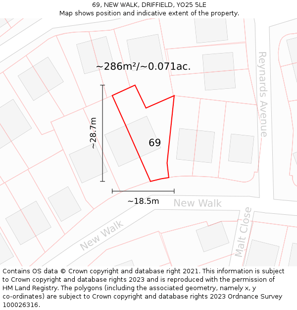 69, NEW WALK, DRIFFIELD, YO25 5LE: Plot and title map