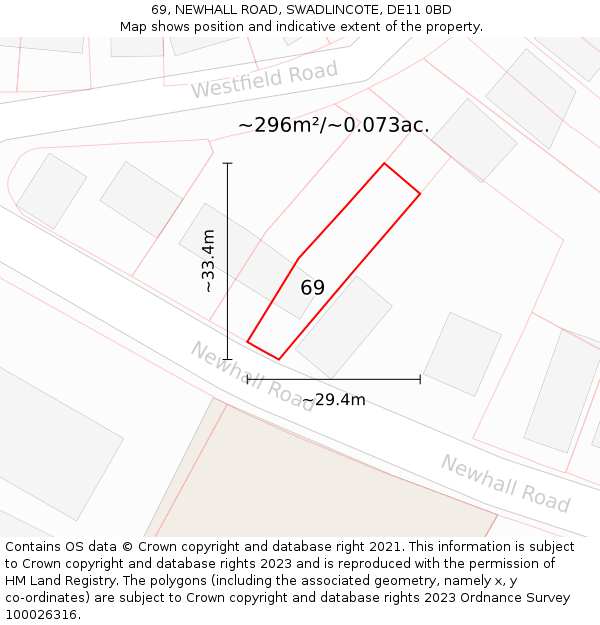 69, NEWHALL ROAD, SWADLINCOTE, DE11 0BD: Plot and title map