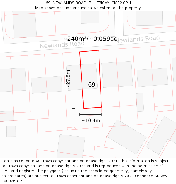 69, NEWLANDS ROAD, BILLERICAY, CM12 0PH: Plot and title map