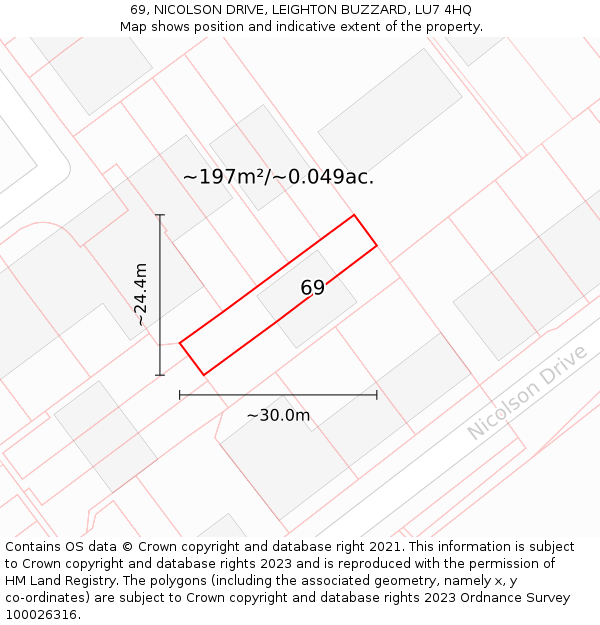 69, NICOLSON DRIVE, LEIGHTON BUZZARD, LU7 4HQ: Plot and title map