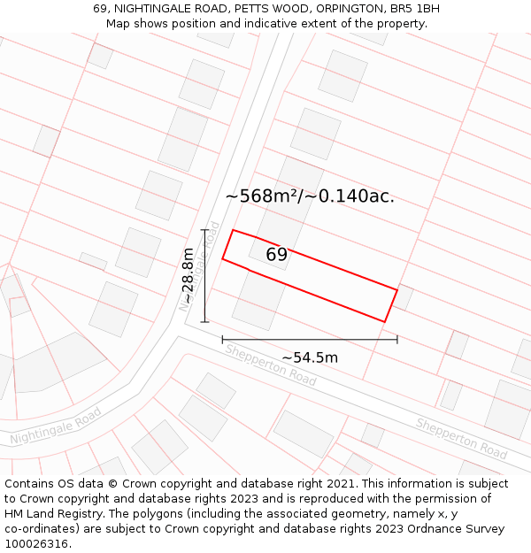 69, NIGHTINGALE ROAD, PETTS WOOD, ORPINGTON, BR5 1BH: Plot and title map