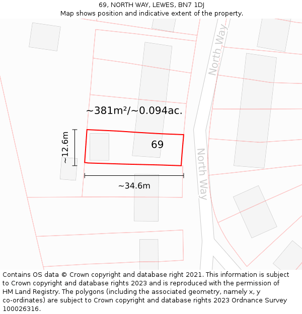 69, NORTH WAY, LEWES, BN7 1DJ: Plot and title map