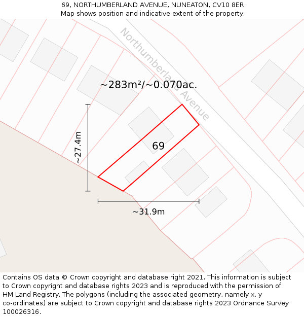 69, NORTHUMBERLAND AVENUE, NUNEATON, CV10 8ER: Plot and title map