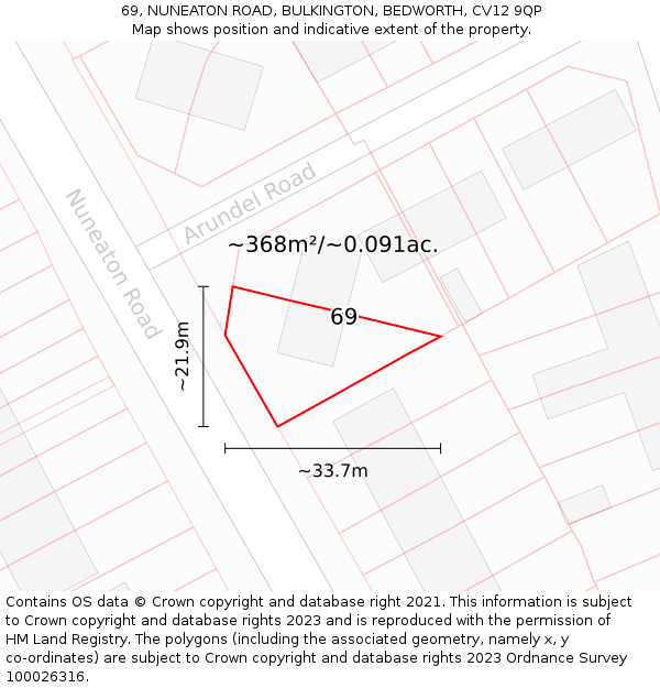 69, NUNEATON ROAD, BULKINGTON, BEDWORTH, CV12 9QP: Plot and title map