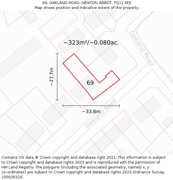 69, OAKLAND ROAD, NEWTON ABBOT, TQ12 4EE: Plot and title map