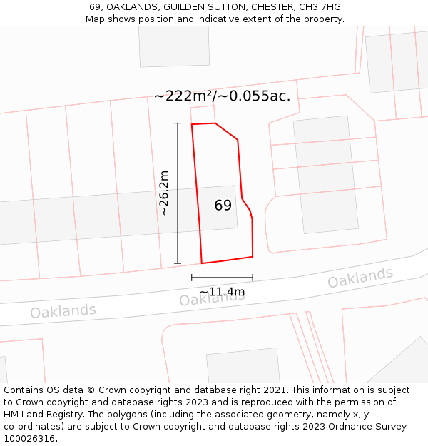 69, OAKLANDS, GUILDEN SUTTON, CHESTER, CH3 7HG: Plot and title map