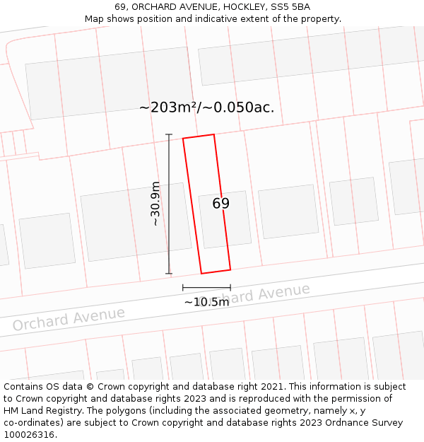 69, ORCHARD AVENUE, HOCKLEY, SS5 5BA: Plot and title map