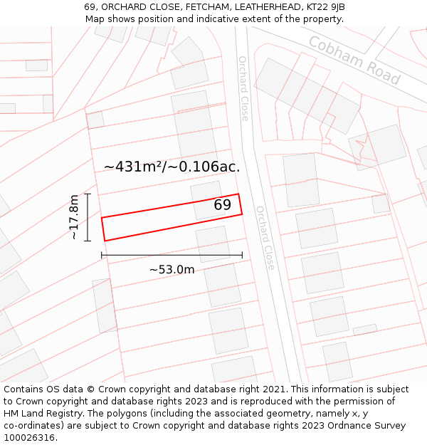 69, ORCHARD CLOSE, FETCHAM, LEATHERHEAD, KT22 9JB: Plot and title map