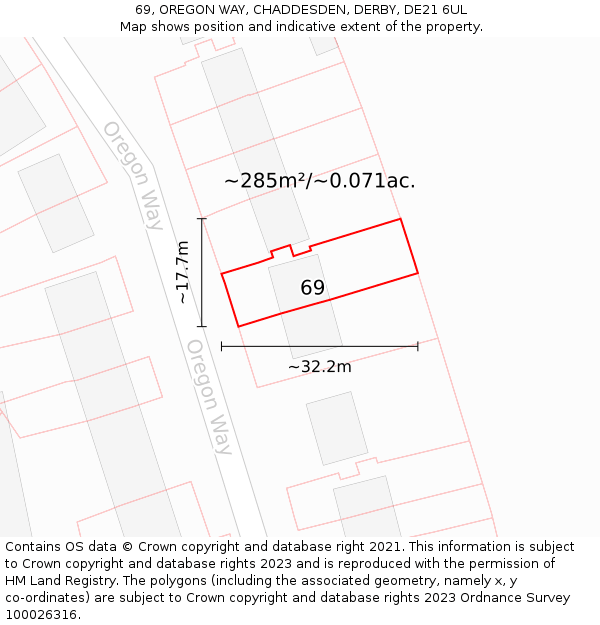 69, OREGON WAY, CHADDESDEN, DERBY, DE21 6UL: Plot and title map