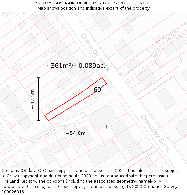 69, ORMESBY BANK, ORMESBY, MIDDLESBROUGH, TS7 9HJ: Plot and title map